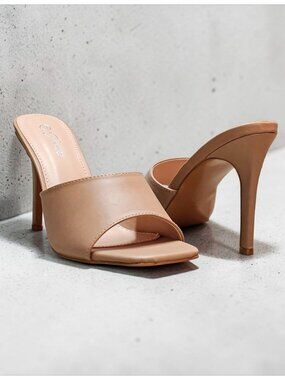 Open Toe Nude Stiletto Heels Faux Leather Slip-On Sandals Square-Toe Design Wome